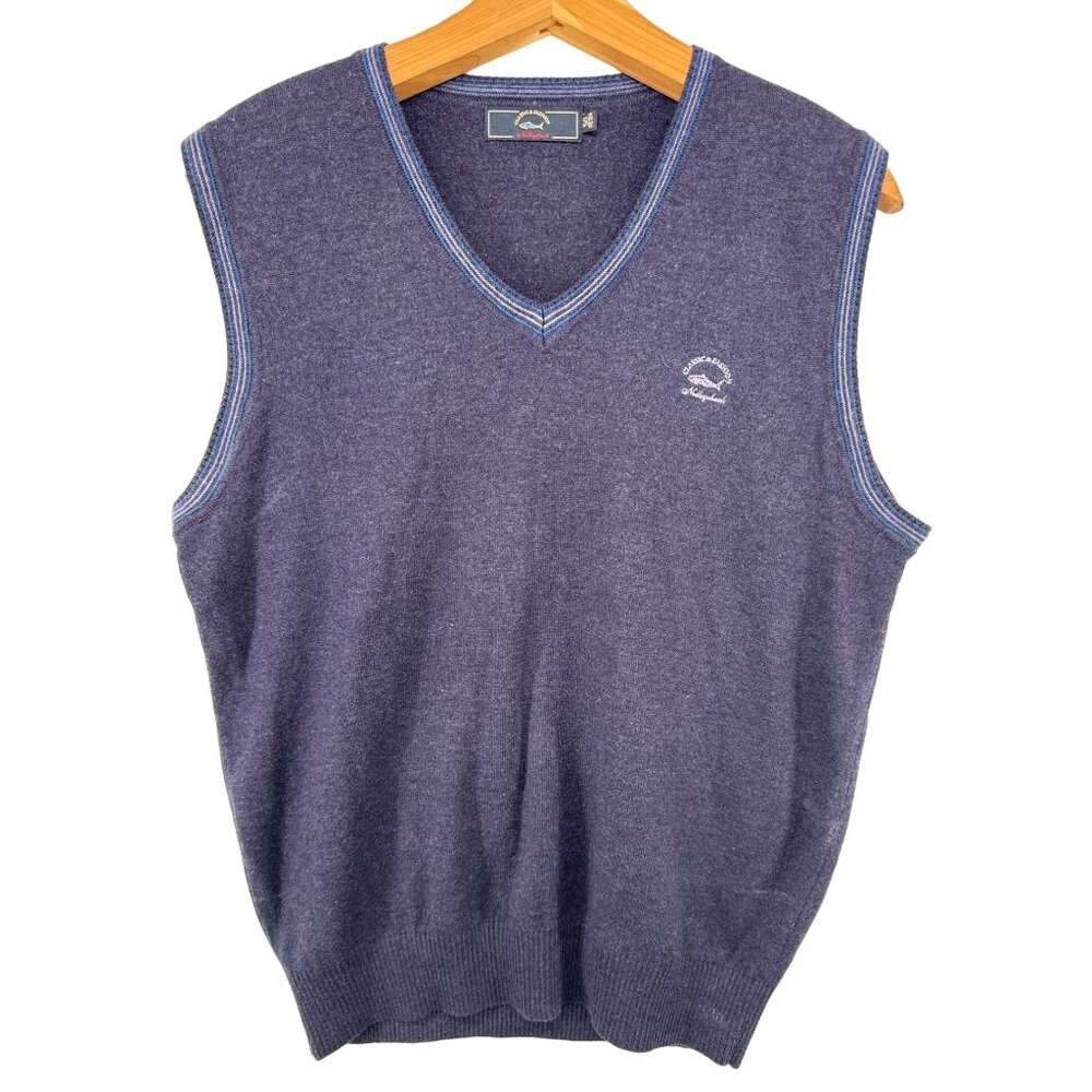 Mens Sweater Vest Blue Wool Blend Sz L Academia Preppy Golf BizCasual V-Neck